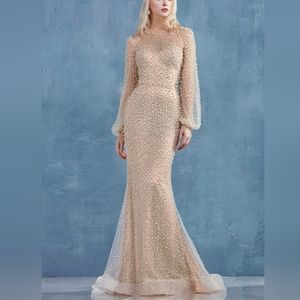 Off white/nude pearl fitted gown with long sleeve floor length